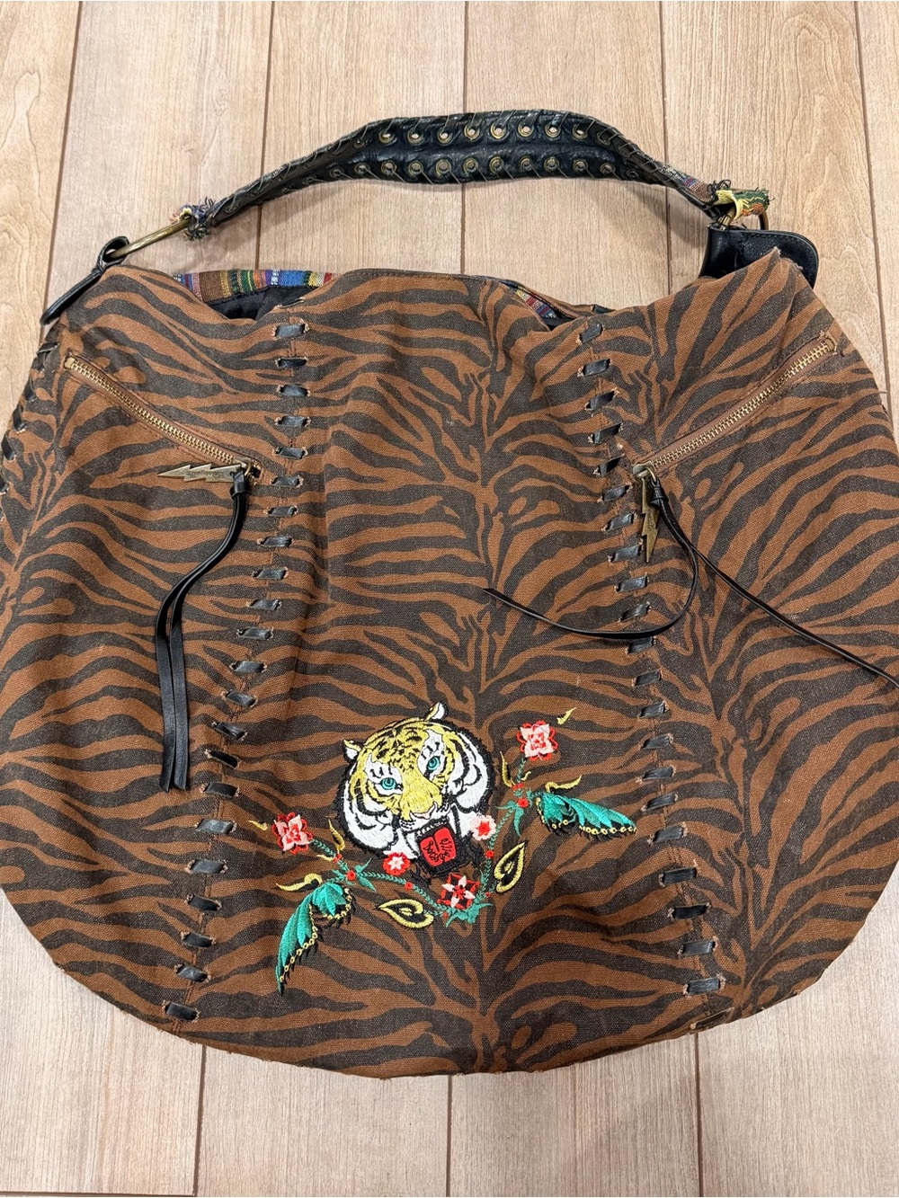 Betseyville by Betsey Johnson Embroidered Tiger Print Brown Hobo oversized Bag